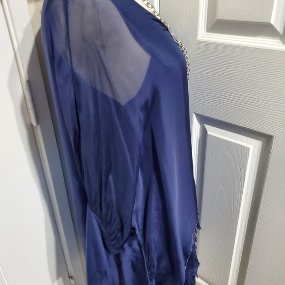 Navy Blue Silk Scoop Neck Tiered Ruffle Lightweight Blouse Women's Size L - Picture 3 of 10